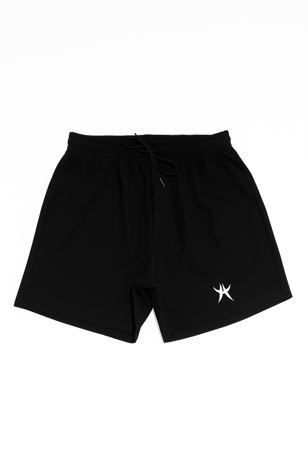 Black shorts with a white logo on a white background